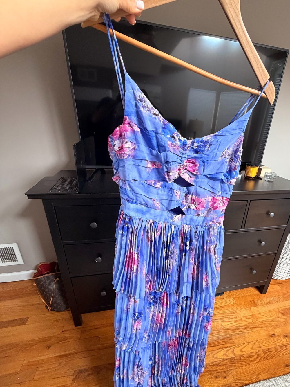 ASTR Periwinkle Daytona Floral Tiered Pleated Maxi Dress